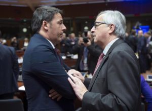 Italian Prime Minister Matteo Renzi, with EU Commission President Jean Claude Juncker during the EU-Turkey summit at the EU Council building in Brussels on Sunday, Nov. 29, 2015. ANSA / US PALAZZO CHIGI - TIBERIO BARCHIELLI - PRESS OFFICE +++ANSA PROVIDES ACCESS TO THIS HANDOUT PHOTO TO BE USED SOLELY TO ILLUSTRATE NEWS REPORTING OR COMMENTARY ON THE FACTS OR EVENTS DEPICTED IN THIS IMAGE; NO ARCHIVING; NO LICENSING+++