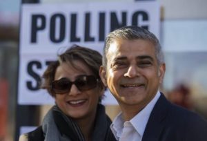 British Labour party candidate for Mayor of London Sadiq Khan (R) poses with his wife Saadiya Khan (L) after voting at a polling station in south London, Britain, 05 May 2016. Londoners head to the polls to elect the successor to London's current Mayor Boris Johnson.  ANSA/HANNAH MCKAY